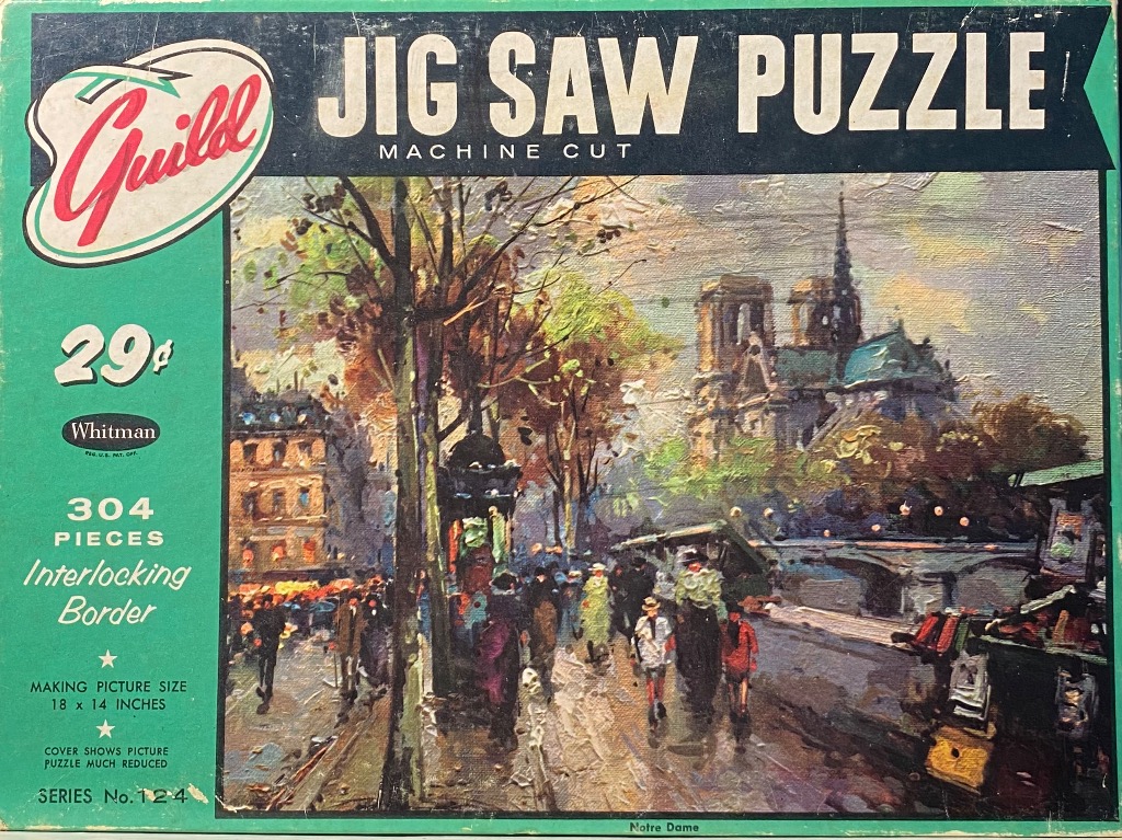 Impressionist painting of Notre Dame Cathedral and a bustling Parisian street scene