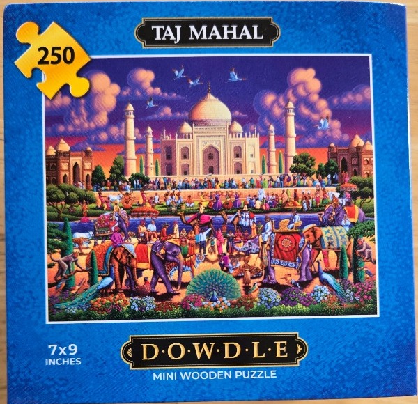 An illustration of the Taj Mahal with a vibrant crowd and elephants in the foreground.