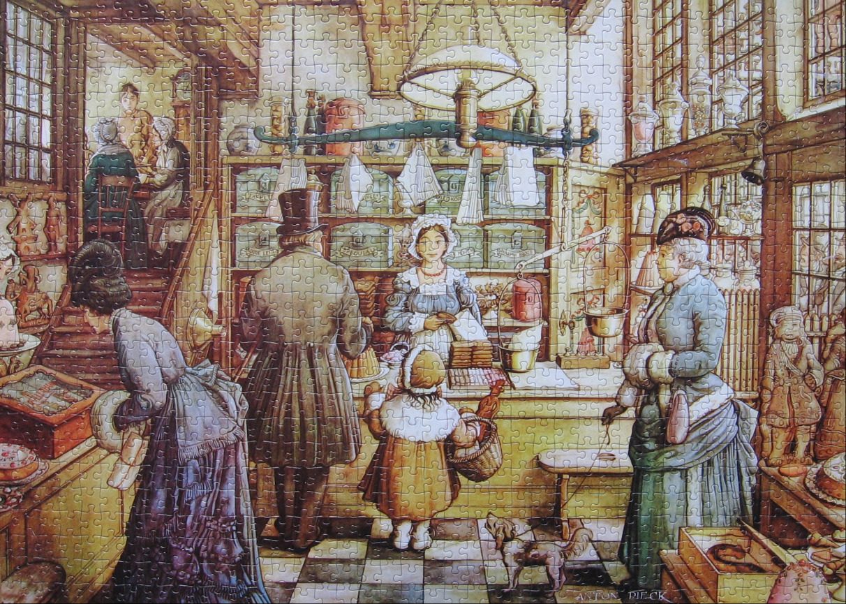 A detailed 19th-century shop scene with patrons and a shopkeeper, illustrated in a rustic, vintage style.
