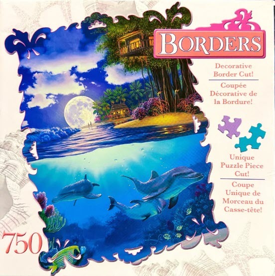 Digital illustration of dolphins swimming underwater beneath a tropical moonlit island scene.