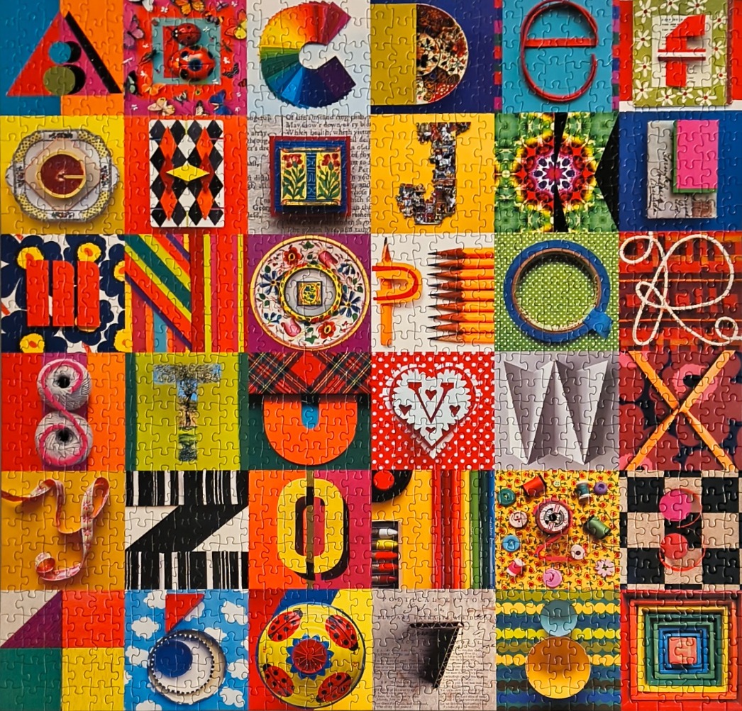 A grid of 30 colourful squares featuring artistic interpretations of letters of the alphabet and numbers.