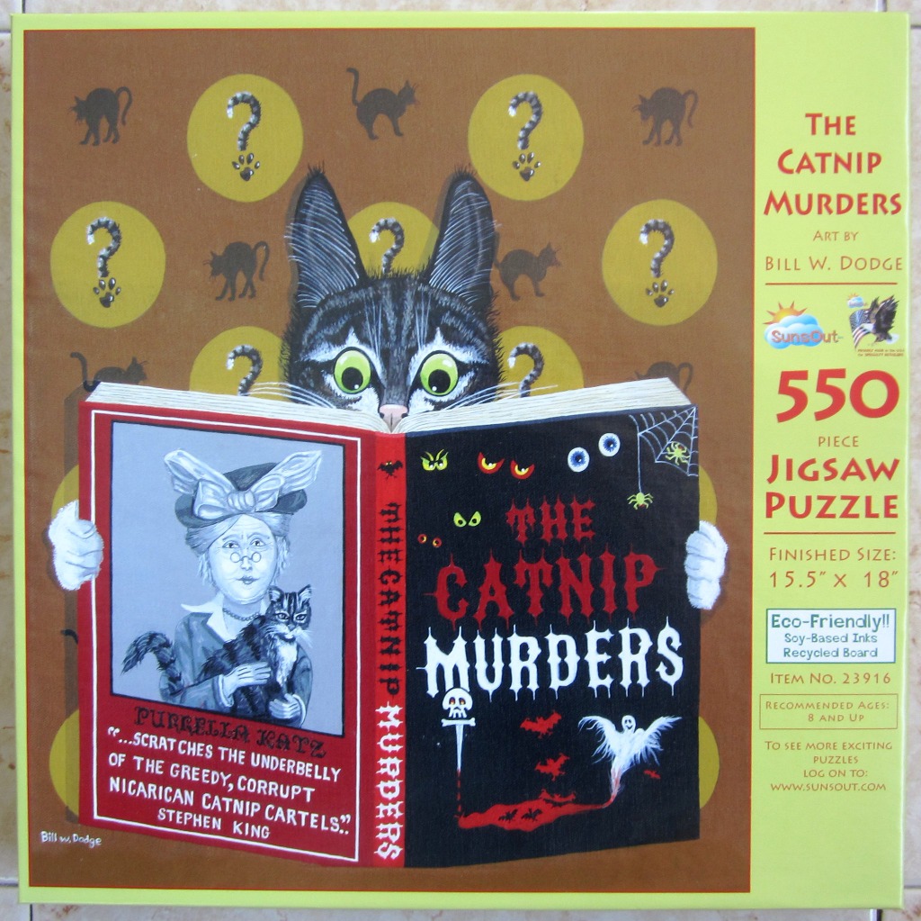 A black cat holding an open book titled The Catnip Murders against a brown background with yellow circles and cat motifs.