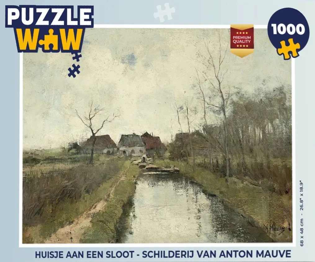 An oil painting of a rural Dutch landscape featuring a narrow canal leading toward cottages under a soft, cloudy sky.