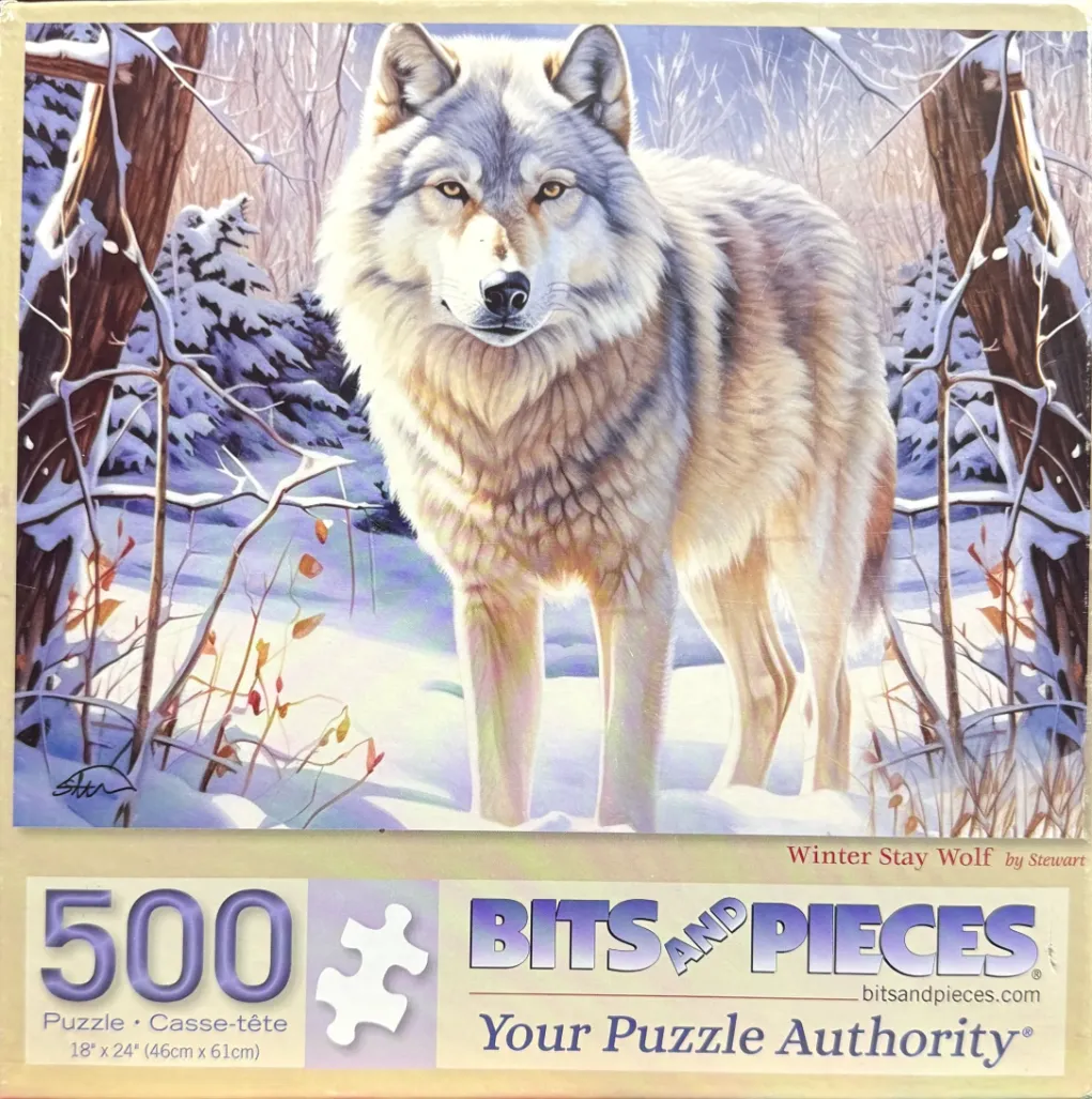 An illustration of a wolf standing in a snowy winter forest scene.