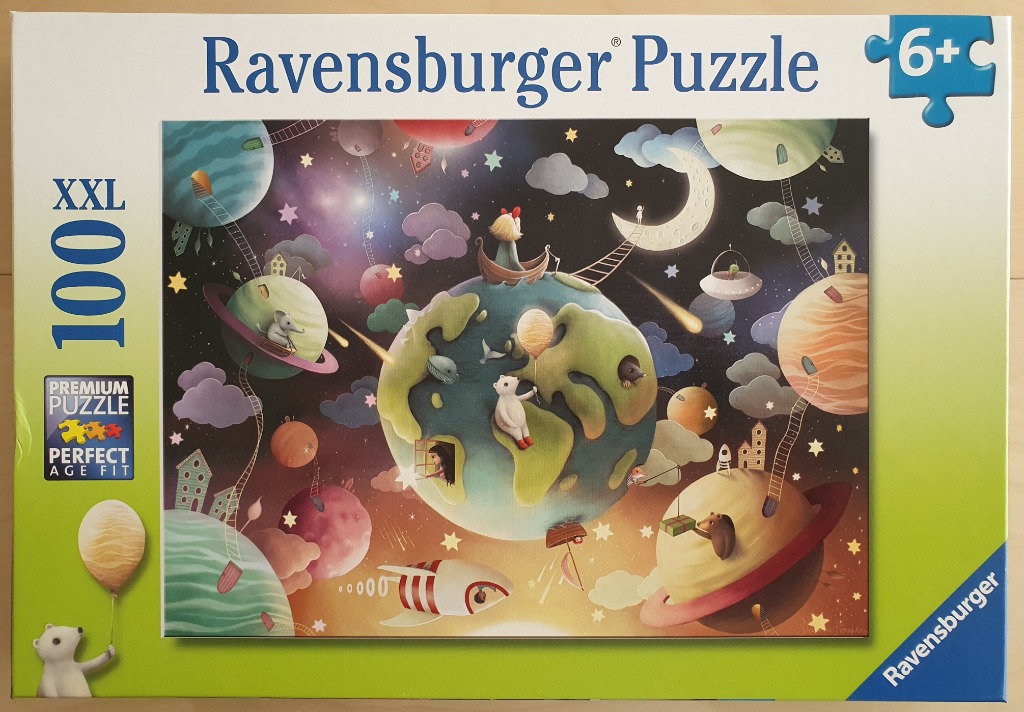 A whimsical illustration of a fantastical space scene with planets, animals, and children traveling between worlds.