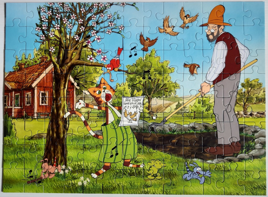 Cartoon scene of a man gardening, a singing cat holding sheet music, and birds in a sunny spring yard.