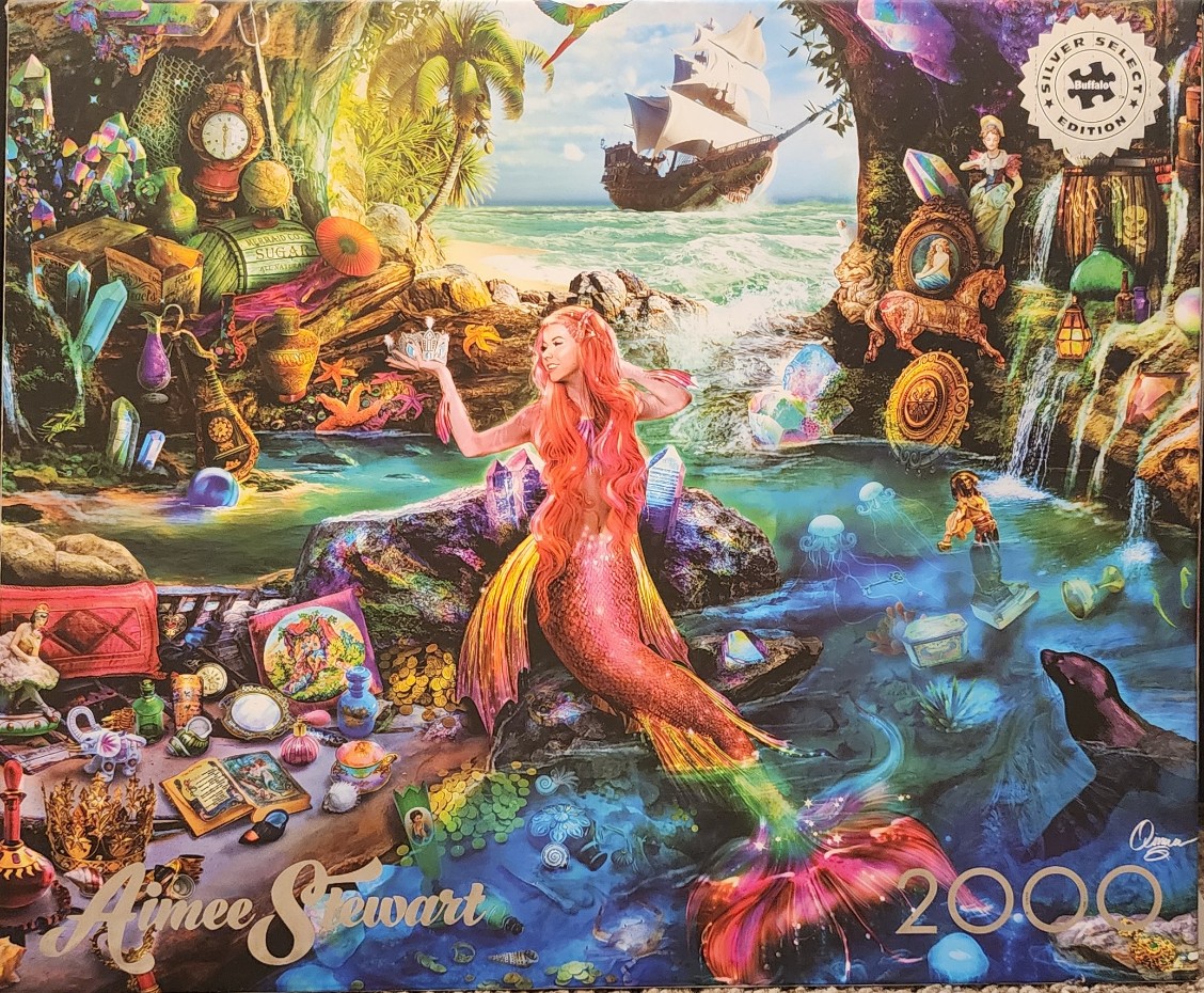 A fantasy illustration of a mermaid with long pink hair holding a crown, surrounded by treasures and crystals.