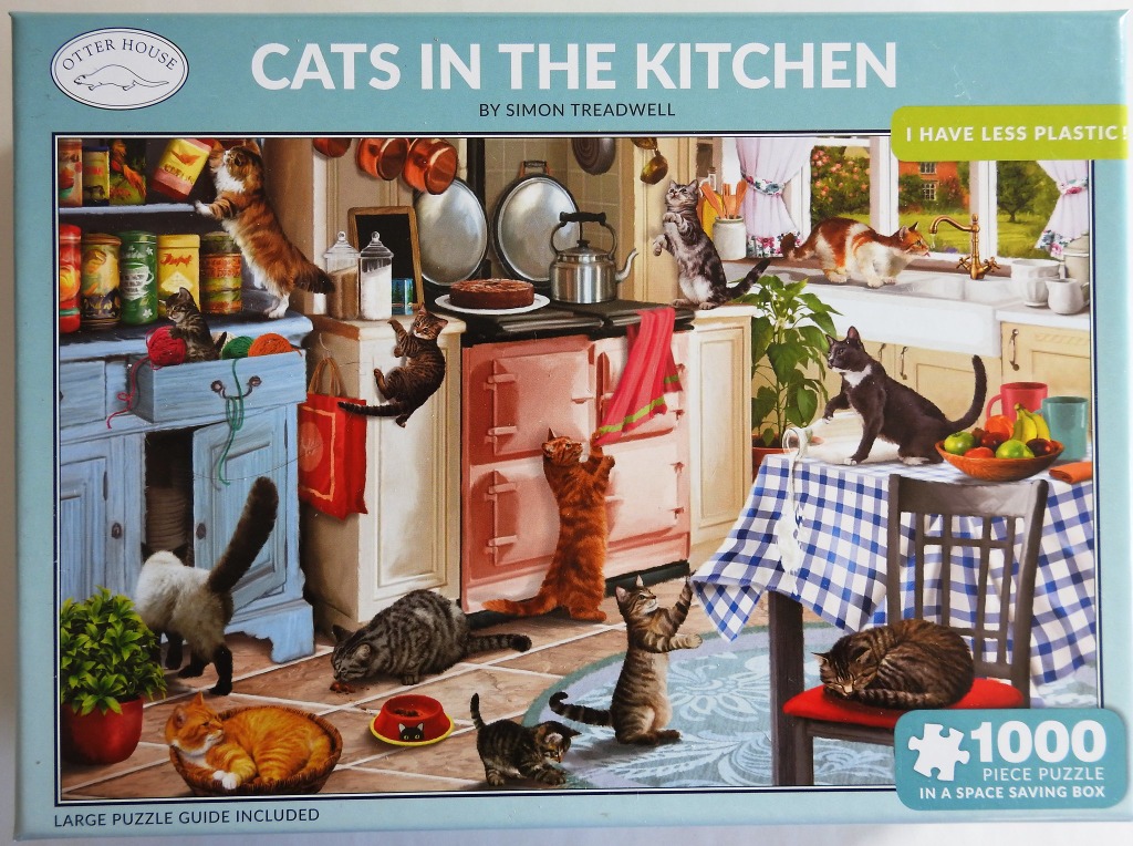 Illustration of several cats causing mischief in a cozy, cluttered traditional kitchen.