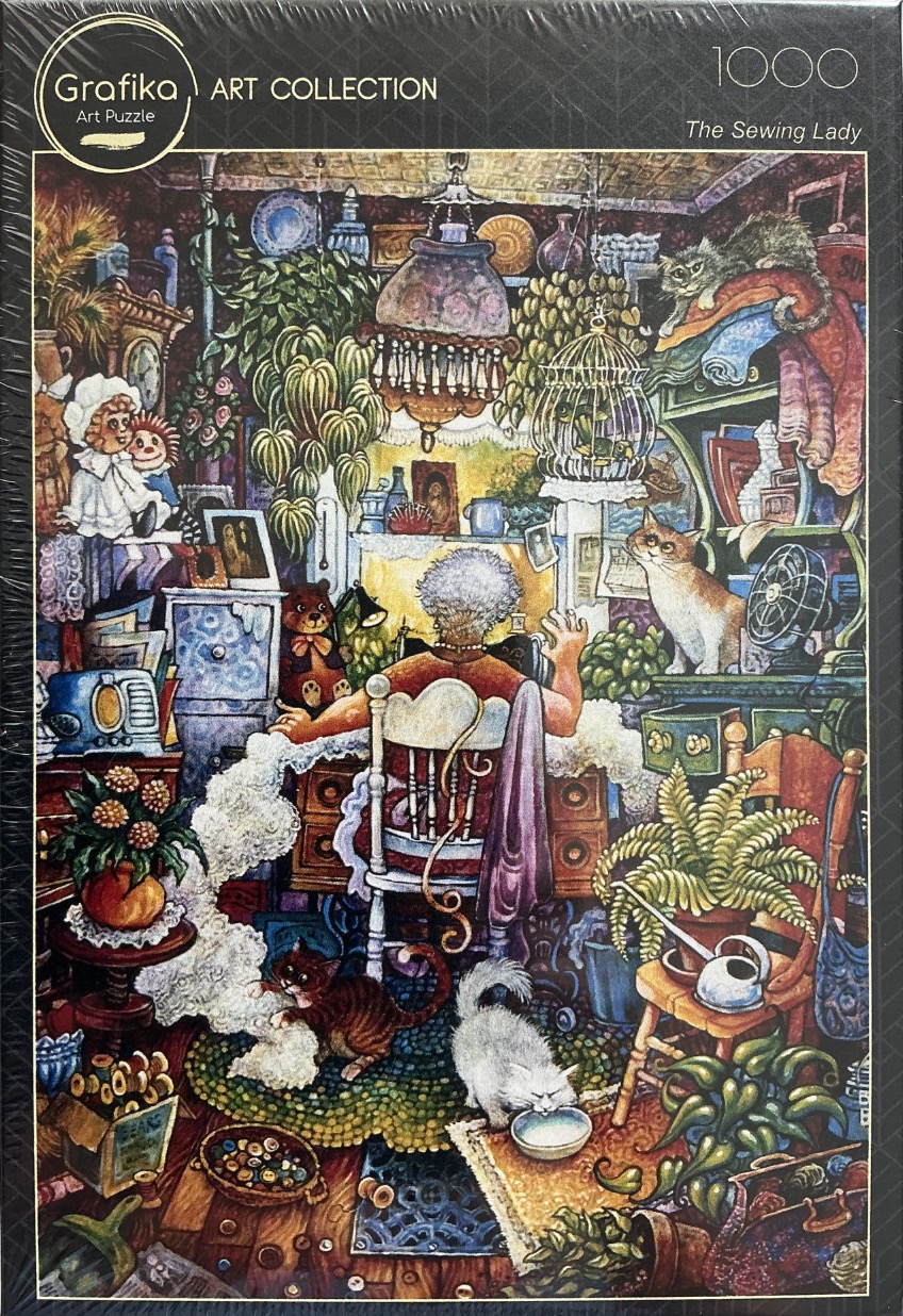 An elderly woman with curly grey hair sewing at a desk in a room filled with cats, plants, and various curiosities.