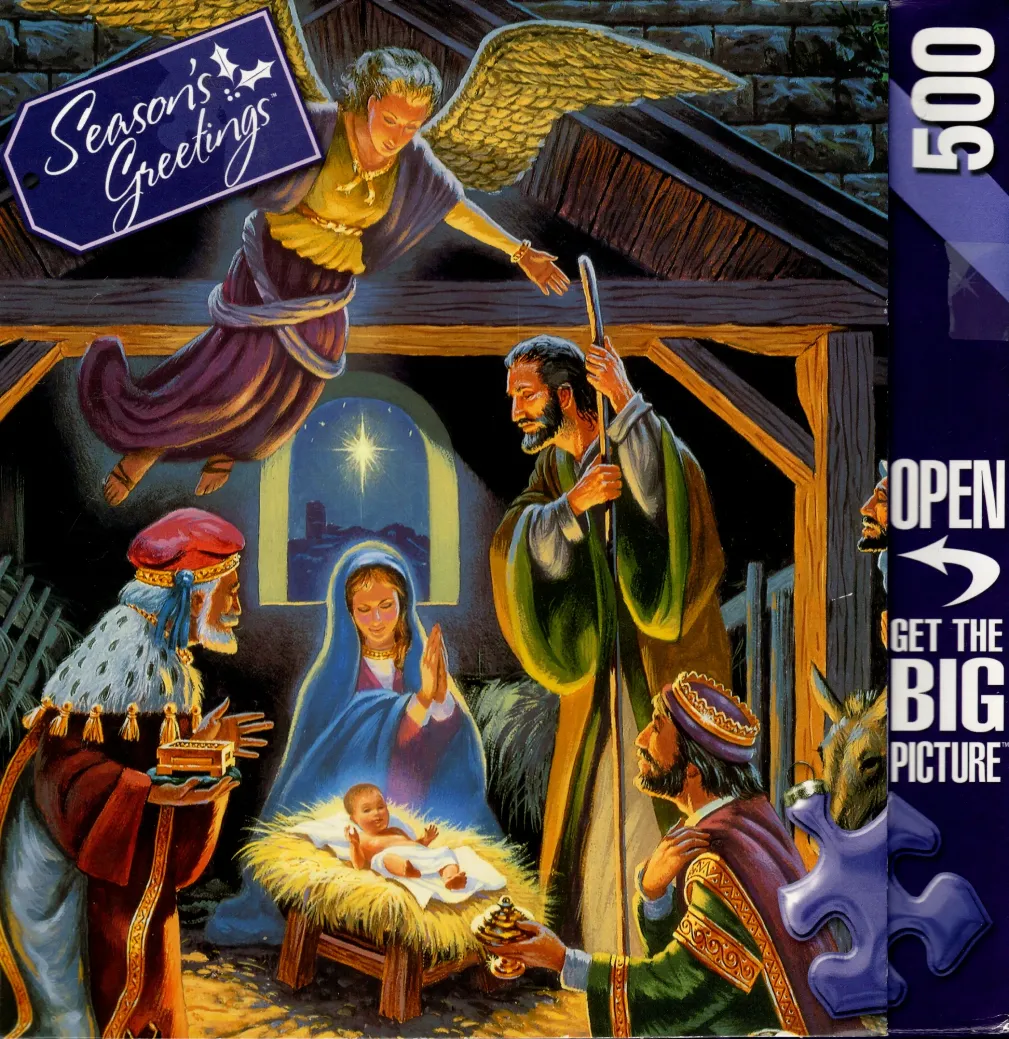 A detailed illustration of a traditional Christmas nativity scene with an angel, the Holy Family, and three kings.
