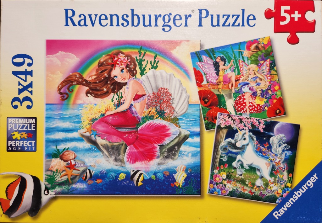 Collage of fantasy scenes featuring a mermaid, fairies, and a unicorn.