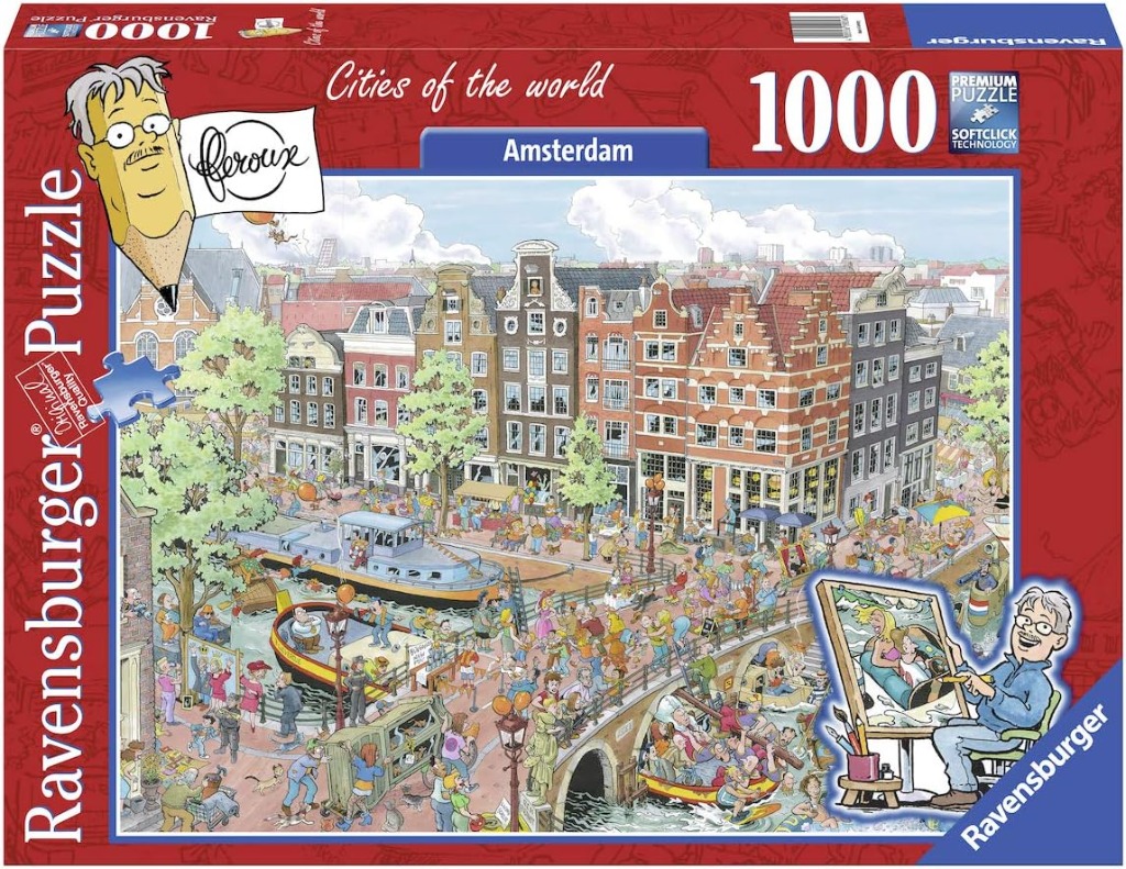 Cartoon illustration of a busy Amsterdam canal scene with narrow merchant houses, canal boats, and numerous people.