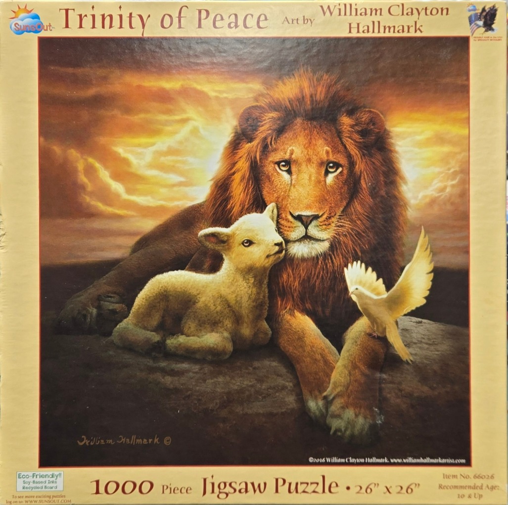 A male lion, a white lamb, and a white dove resting together against a glowing golden sunset.