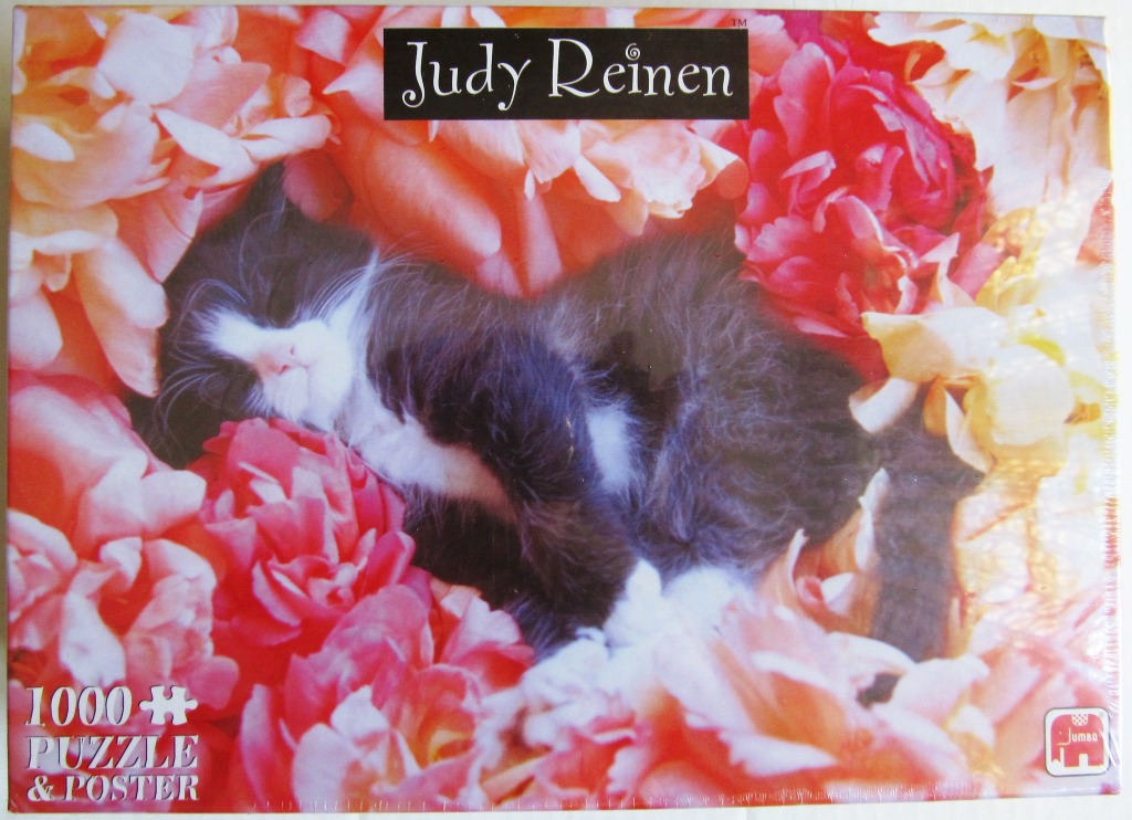 A black and white kitten sleeping soundly nestled among a lush bed of bright pink and orange peony flowers.