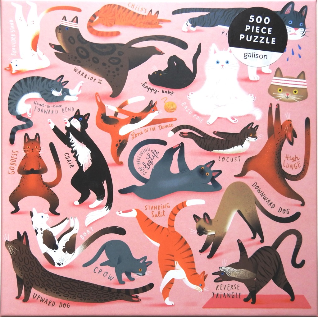 A whimsical illustration of various cats performing different yoga poses on a solid pink background.