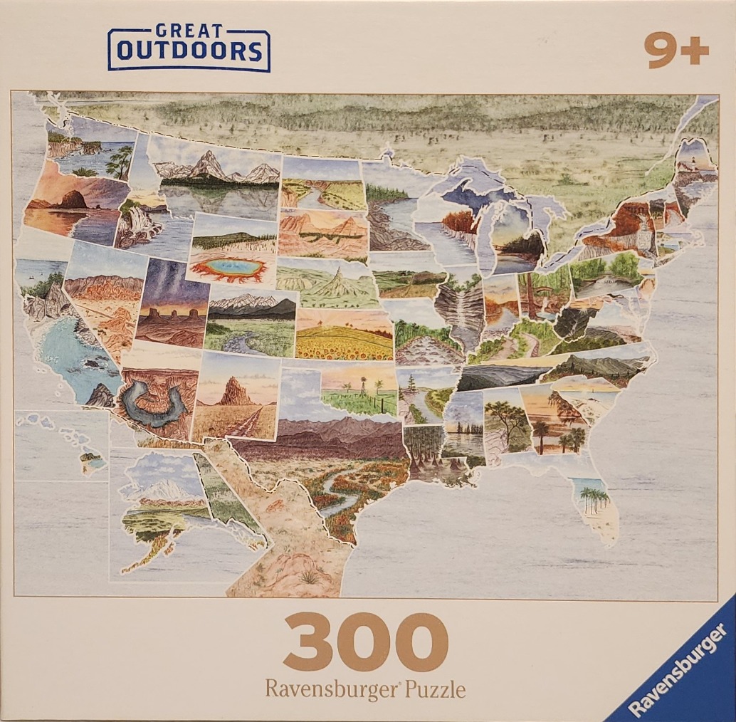 A watercolor-style illustrated map of the United States featuring iconic natural landmarks within state borders.
