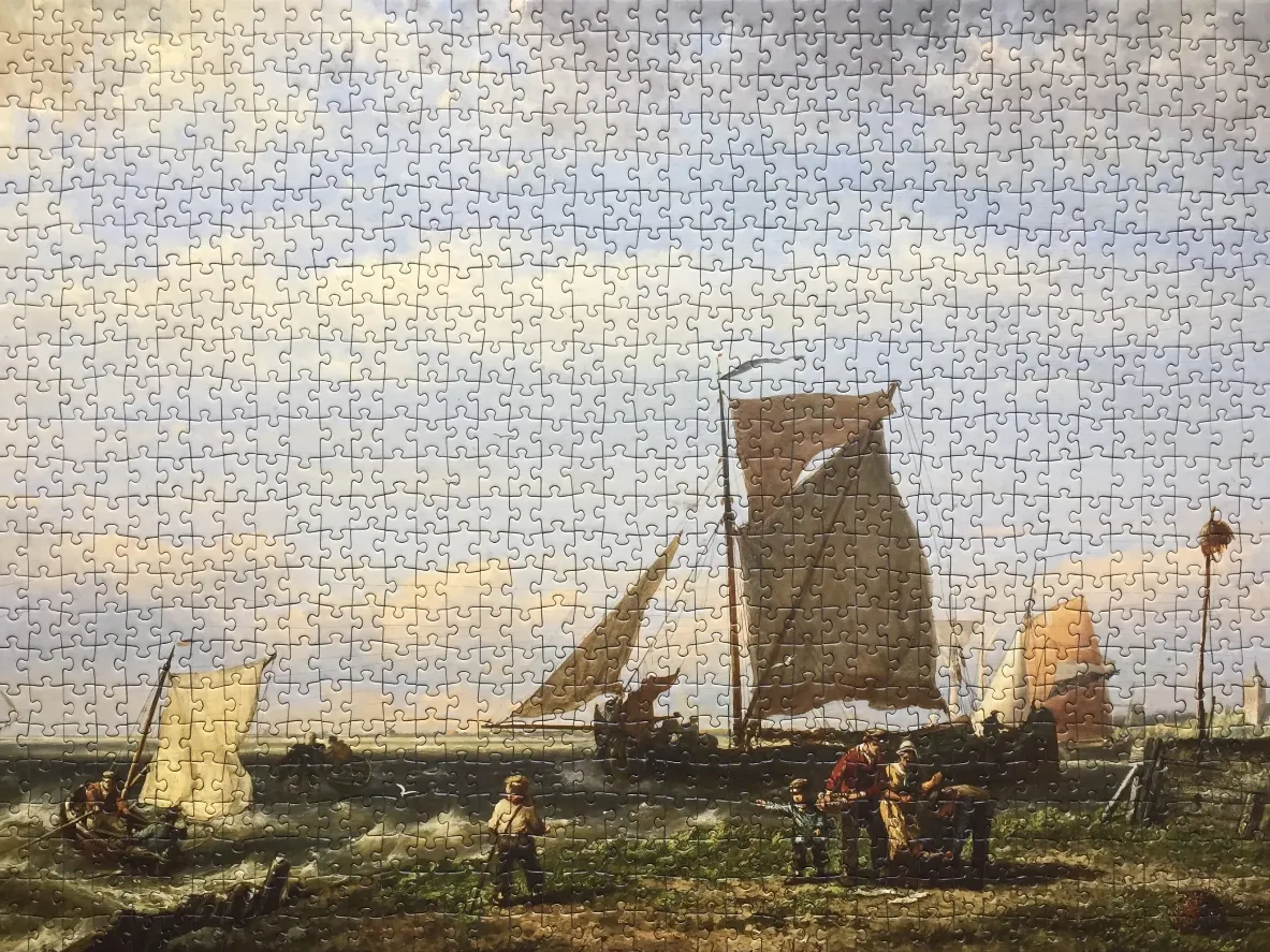 A 19th-century oil painting of sailboats near a shoreline with figures on the beach.