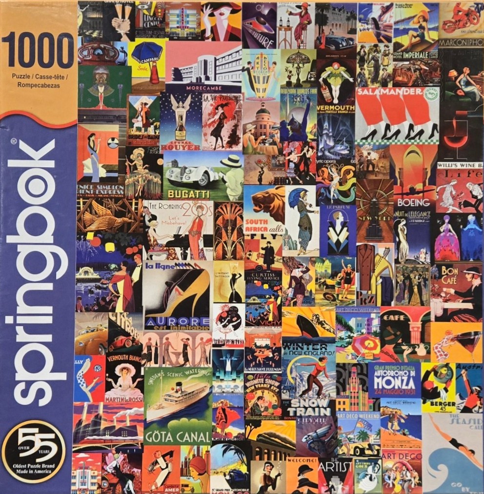 A collage of vintage art deco style advertising posters and travel advertisements.