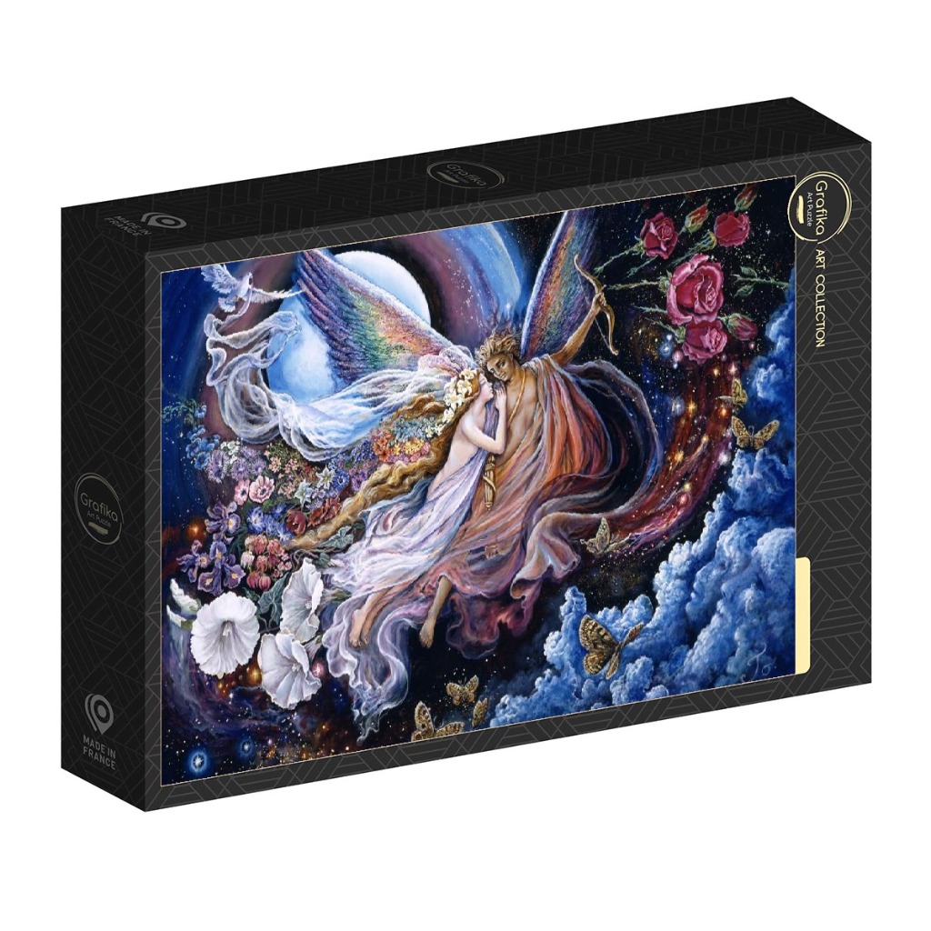 Fantasy illustration of two winged celestial lovers embracing against a backdrop of the moon and stars with flowers.