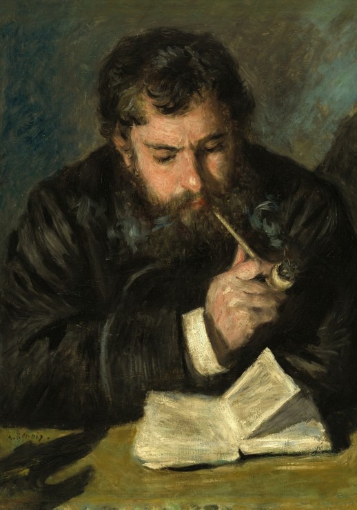 Oil painting of a bearded man in a dark coat reading a book and smoking a pipe.