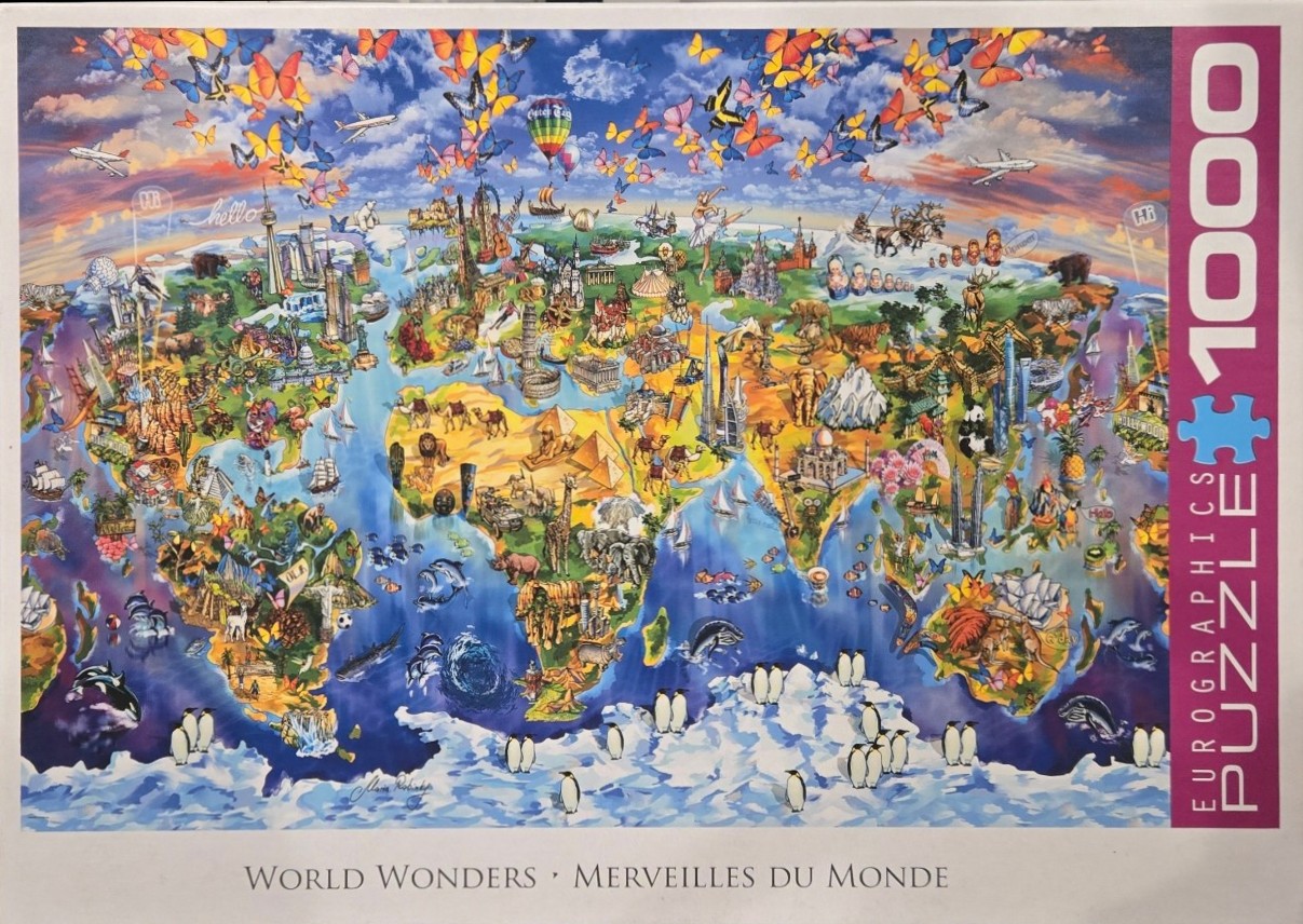 Illustrated world map featuring iconic landmarks, animals, and butterflies against a sunset sky.