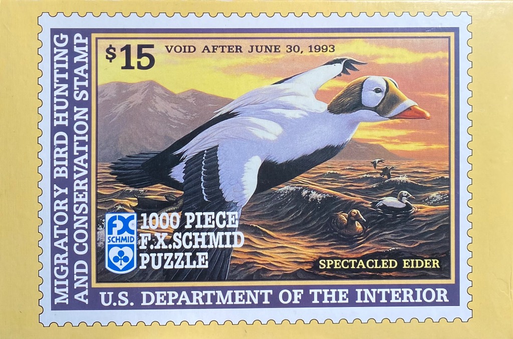A vintage U.S. Fish and Wildlife Service hunting stamp featuring a Spectacled Eider flying over choppy water at sunset.
