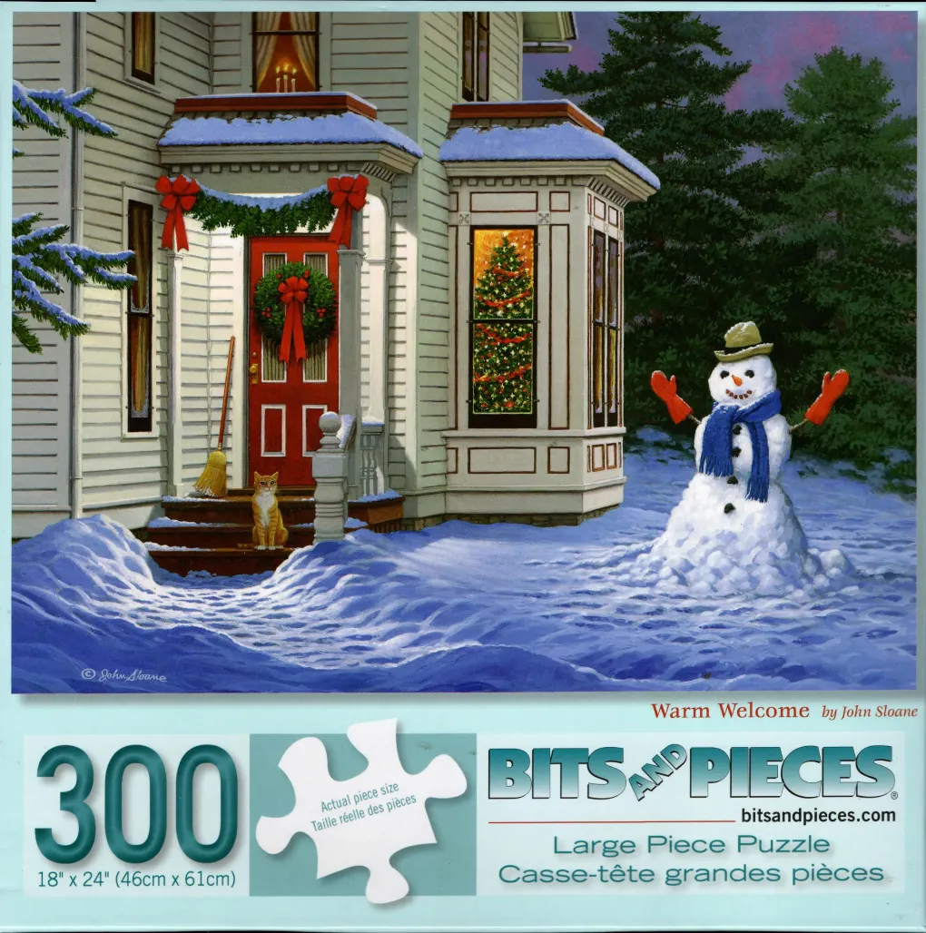 A cozy winter scene featuring a snowman, a ginger cat on a porch, and a decorated Christmas tree in a window.
