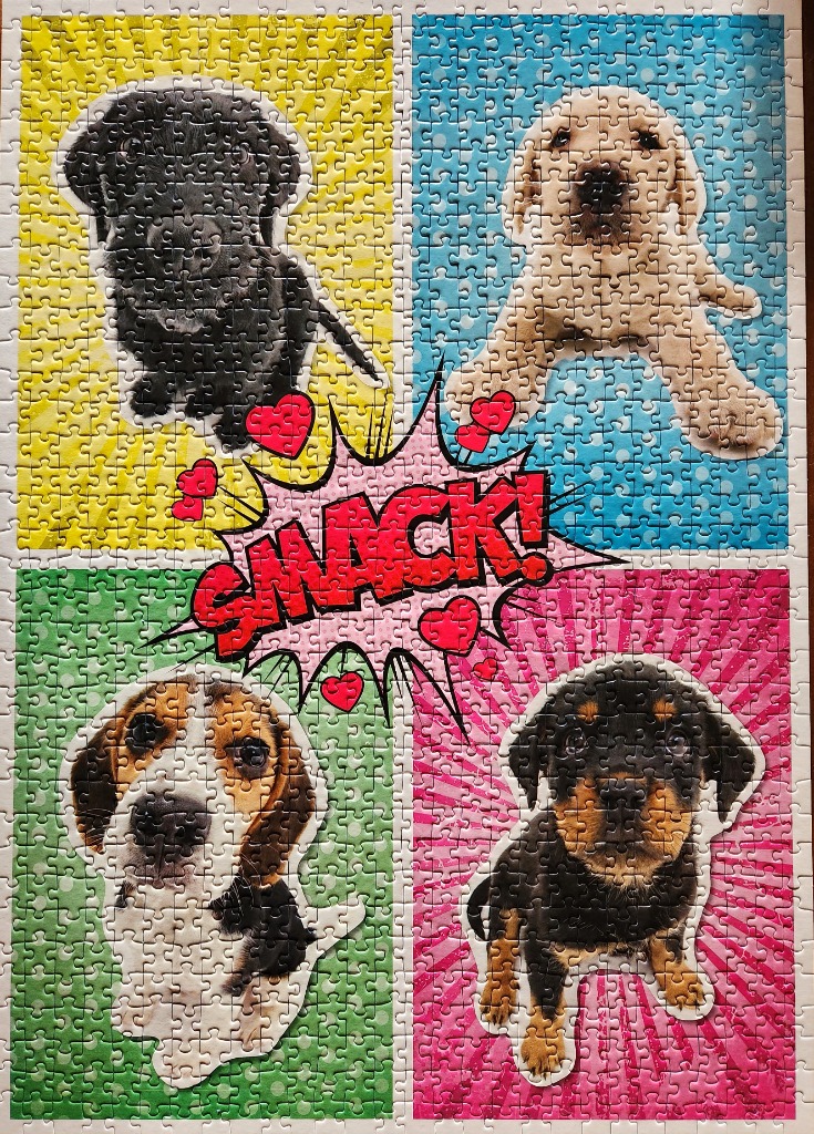 Four puppies against colorful patterned backgrounds with a comic-style SMACK speech bubble in the center.