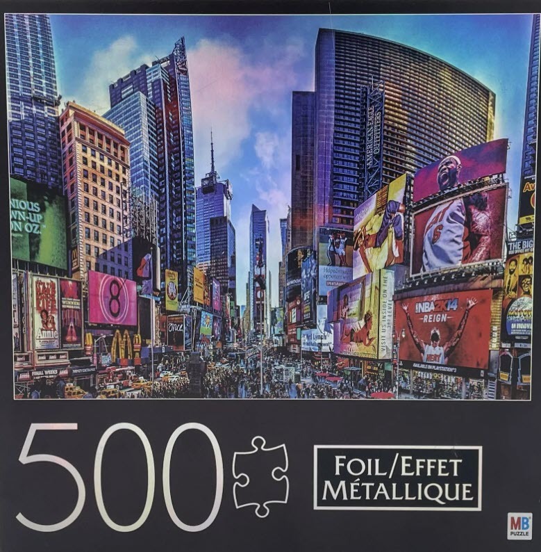 A bustling Times Square city scene at dusk with massive neon billboards and towering skyscrapers.