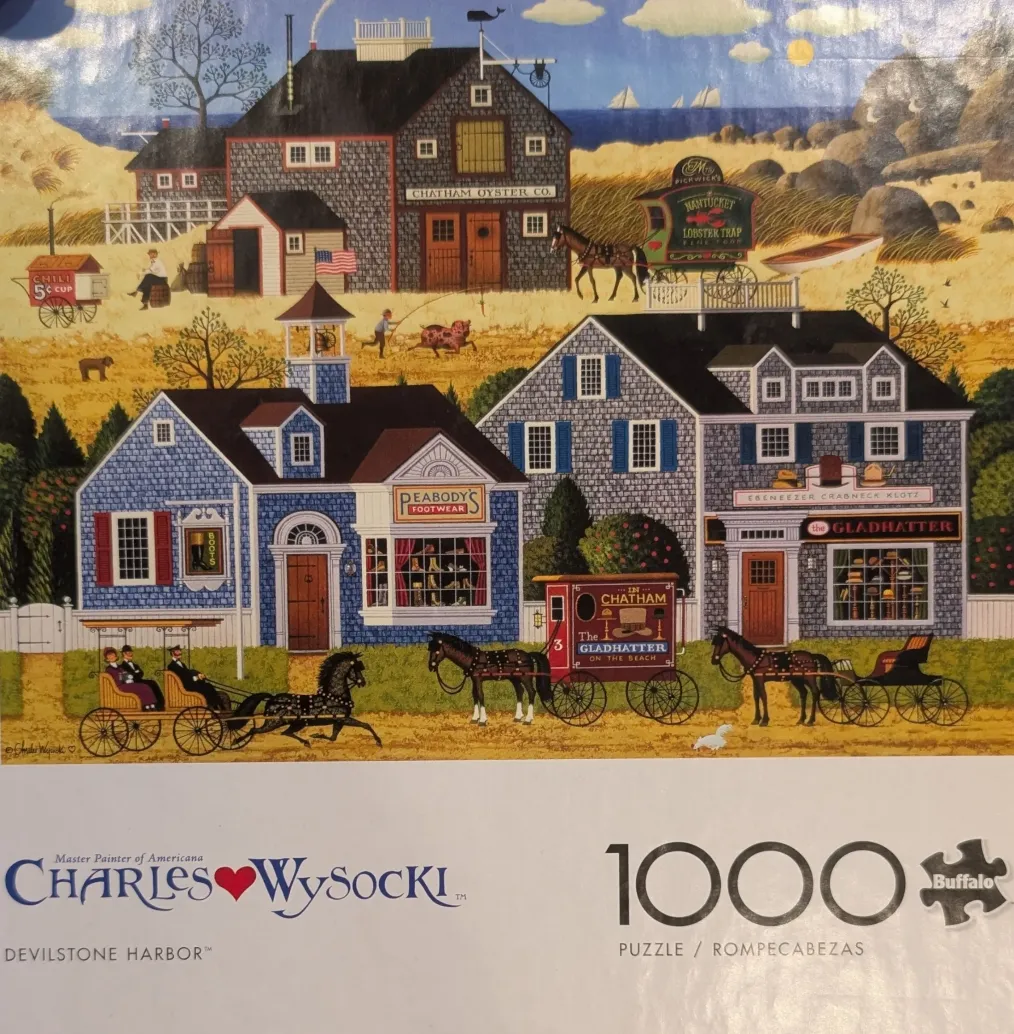 Folk art scene of a coastal town with horse-drawn carriages, wooden shops, and rolling yellow dunes.