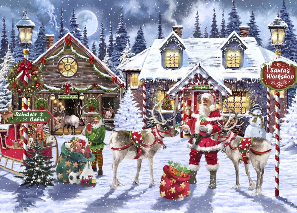 Santa Claus and an elf in a snowy landscape with reindeer and workshop buildings.