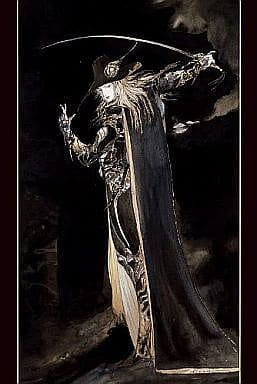 A pale, mysterious figure in a dark hat and flowing cloak wields a curved sword against a shadowy background.