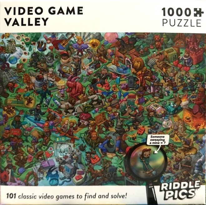 A dense, colorful illustration featuring hundreds of tiny characters and references to classic video games.