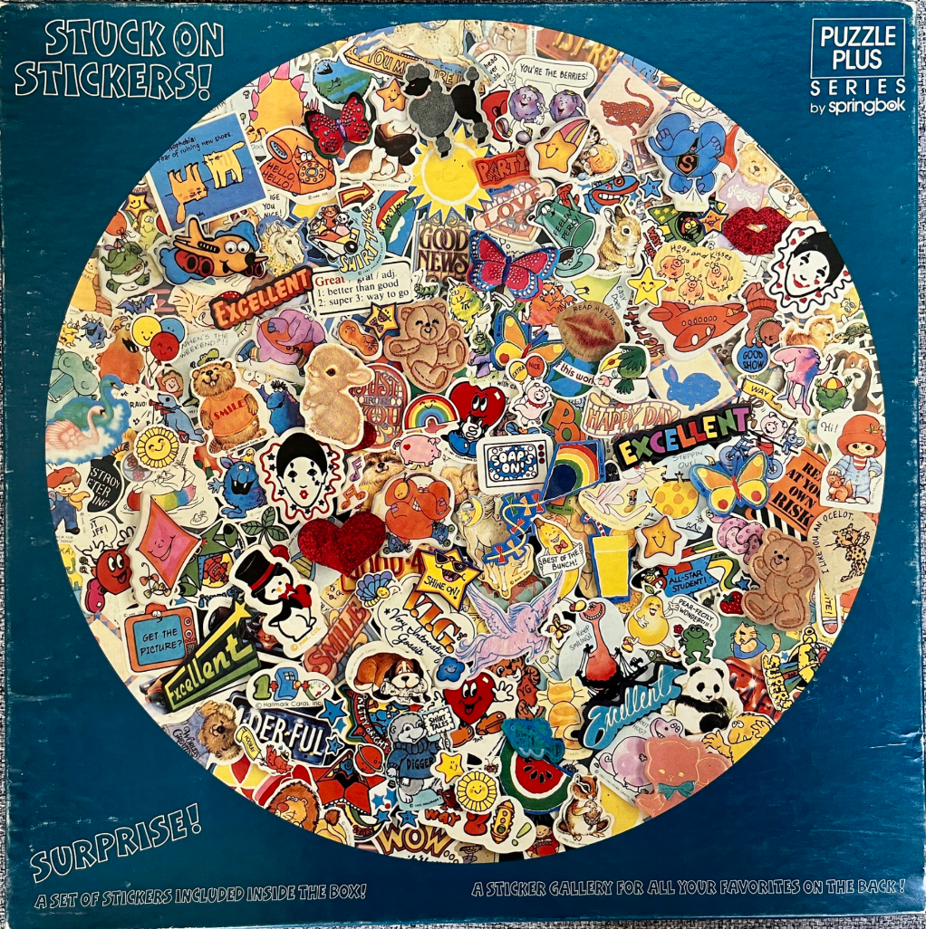 A collage of colorful, diverse vintage stickers arranged in a dense circular pattern against a dark teal background.
