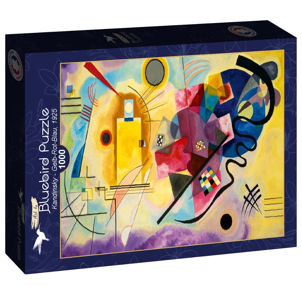 Abstract painting with yellow, red, and blue geometric shapes by Wassily Kandinsky
