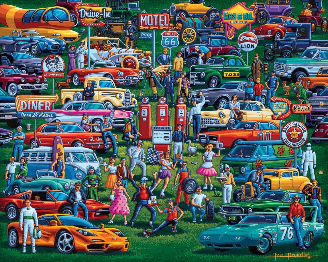 A lively outdoor scene featuring an array of vintage and modern cars, people in retro clothing, and mid-century neon signs.