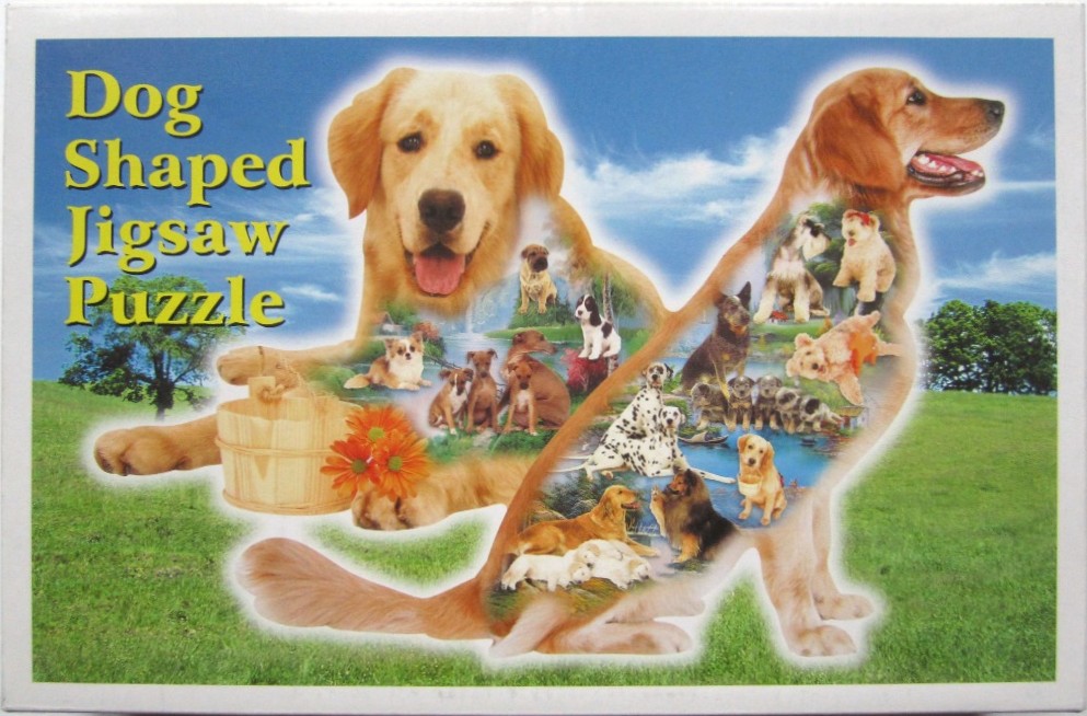 A double silhouette of a Golden Retriever filled with a collage of various dog breeds in a grassy landscape.