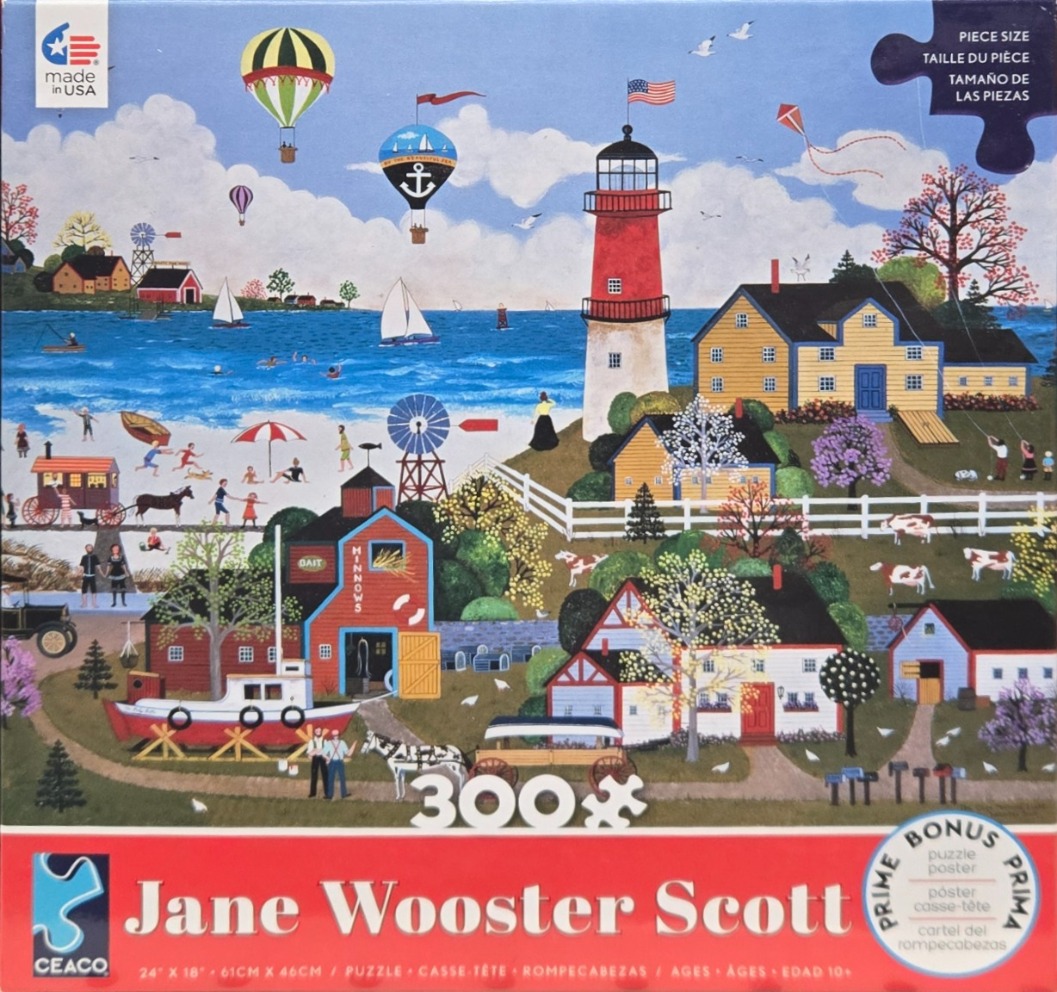 A folk art style illustration of a coastal village with a lighthouse, hot air balloons, and people enjoying the beach.