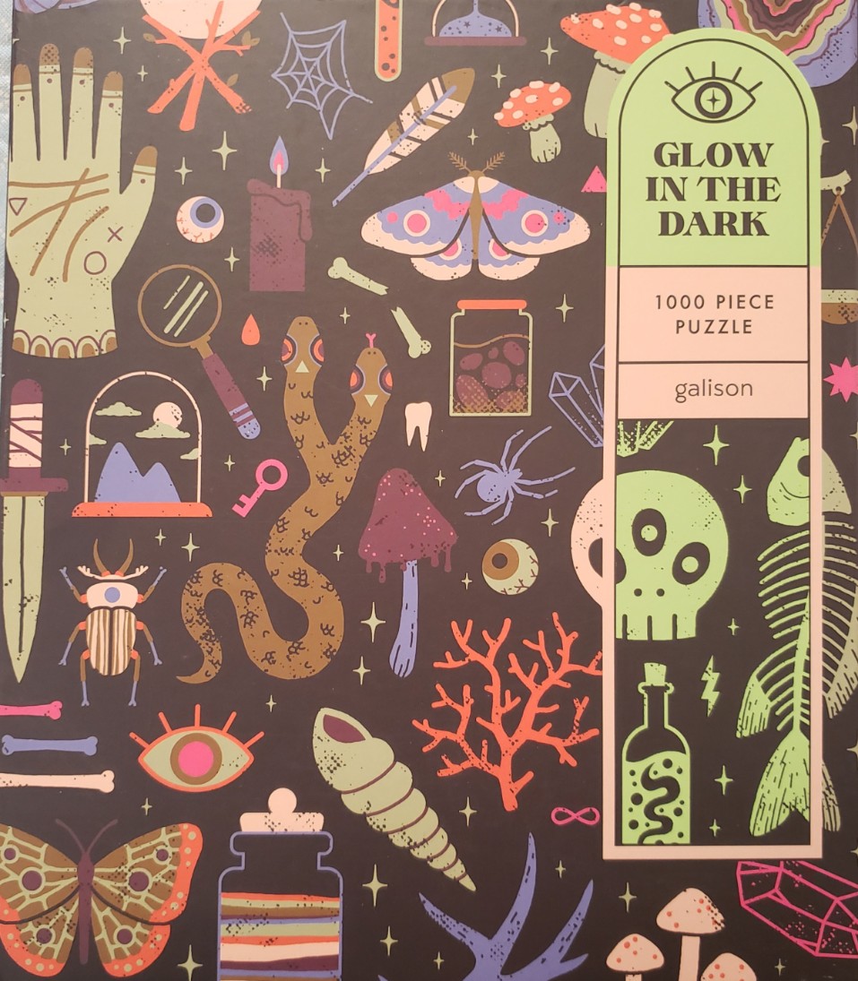 A whimsical collection of occult and natural history motifs in a dark-themed pattern.