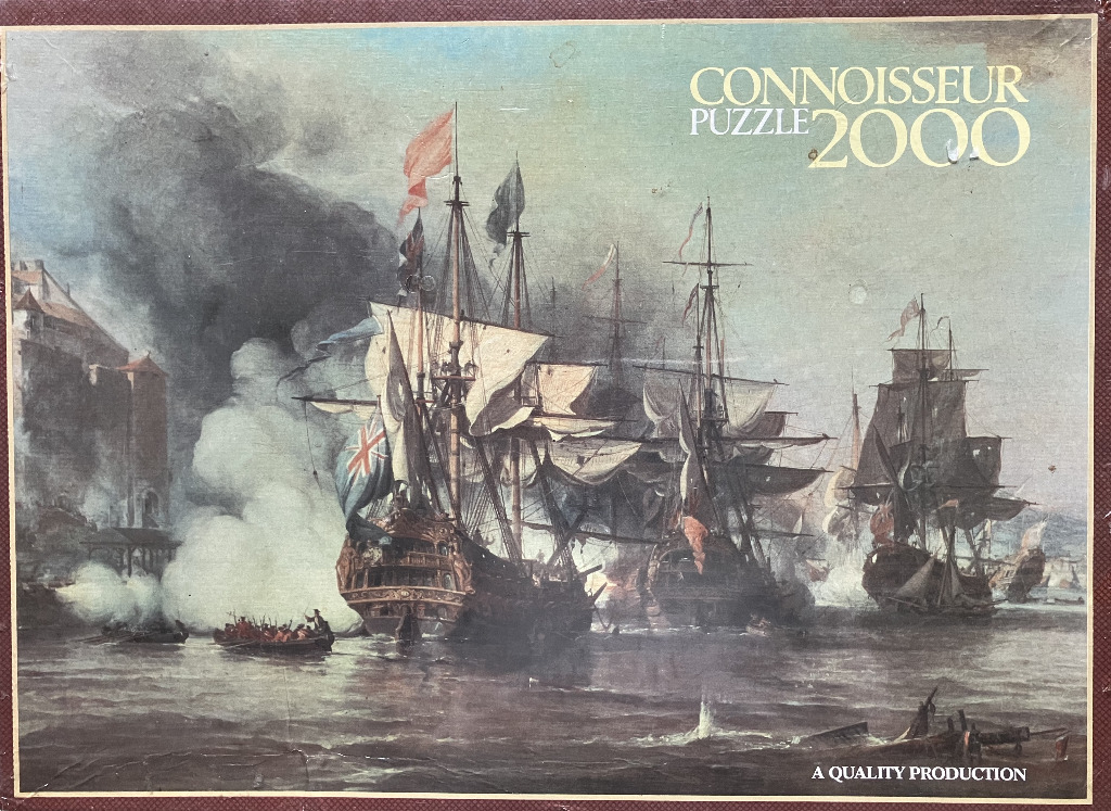 A 17th or 18th-century maritime naval battle scene with tall ships engaged in combat.