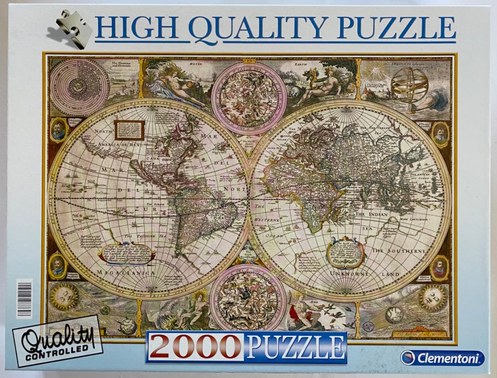 An antique-style double-hemisphere world map featuring decorative celestial elements and mythological figures.