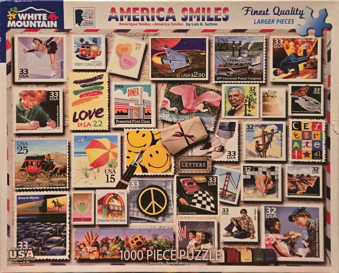 A collage of various United States postage stamps featuring diverse Americana themes.