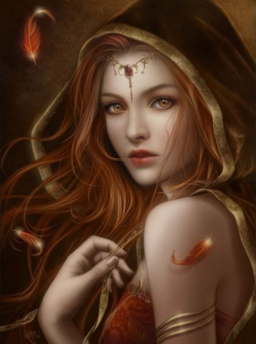 A digital illustration of a woman with long red hair wearing a dark hooded cloak and a decorative golden headpiece.