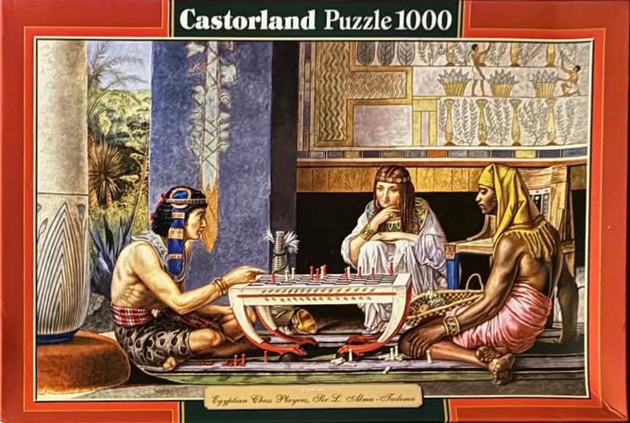 A painting of three people playing an ancient Egyptian board game in a decorated interior.