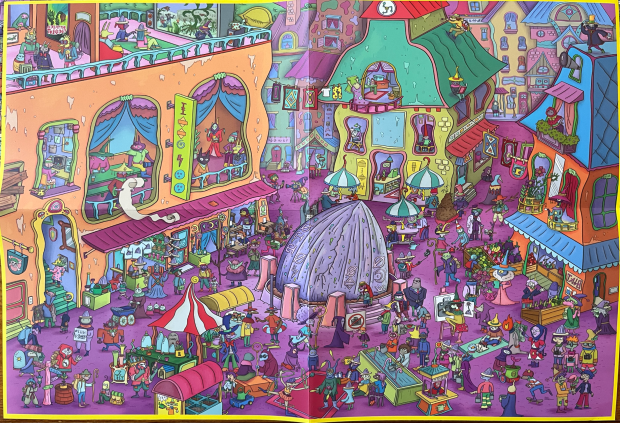 A dense, colorful cartoon illustration of a bustling town square filled with whimsical alien and fantastical creatures.