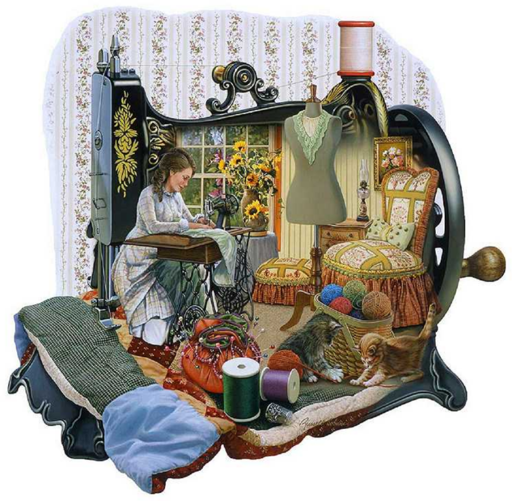 Illustration of a woman sewing inside the frame of a vintage sewing machine with kittens playing nearby.