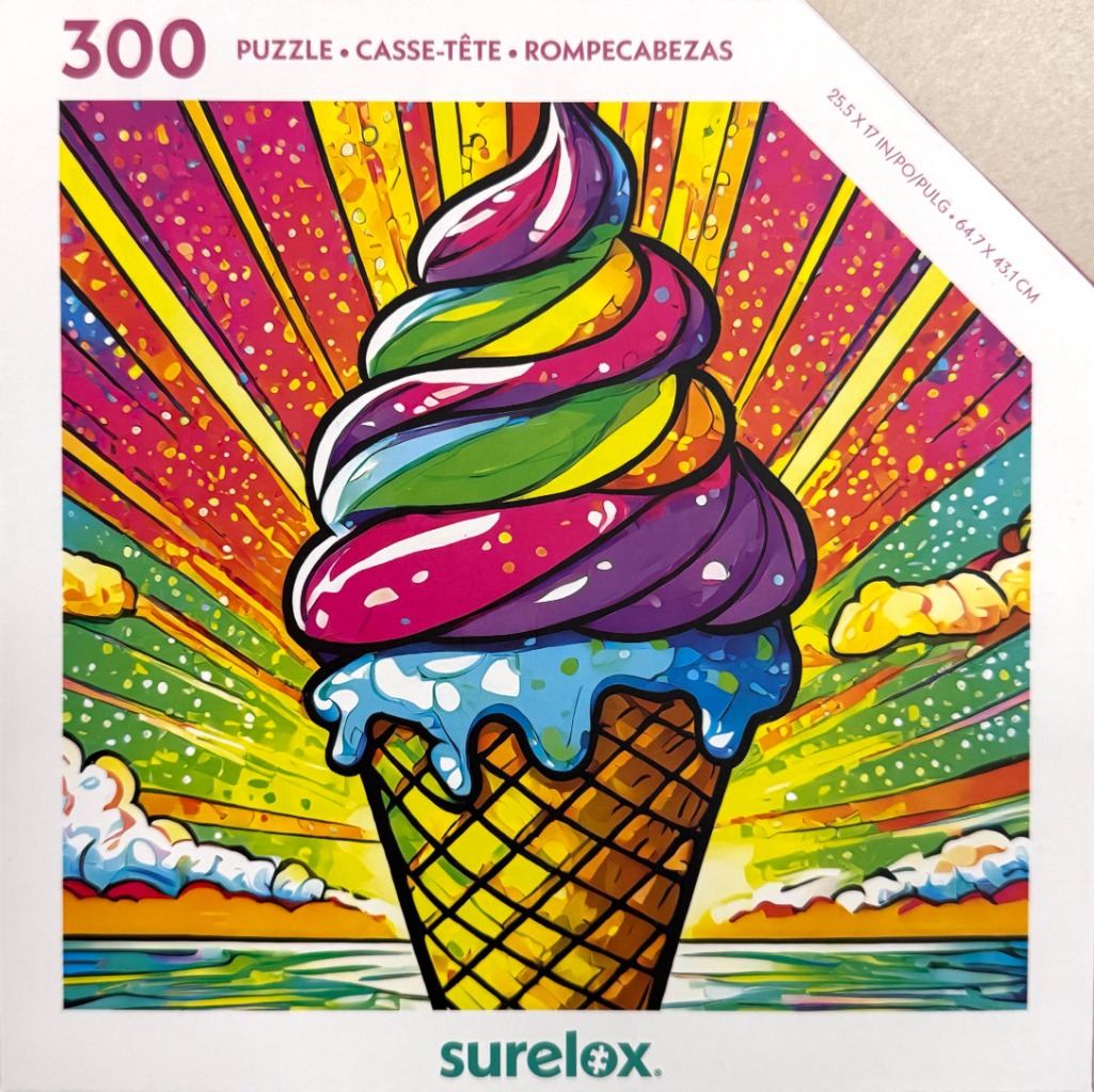 A vibrant, rainbow-swirled ice cream cone set against a bright, stylized sunburst background.
