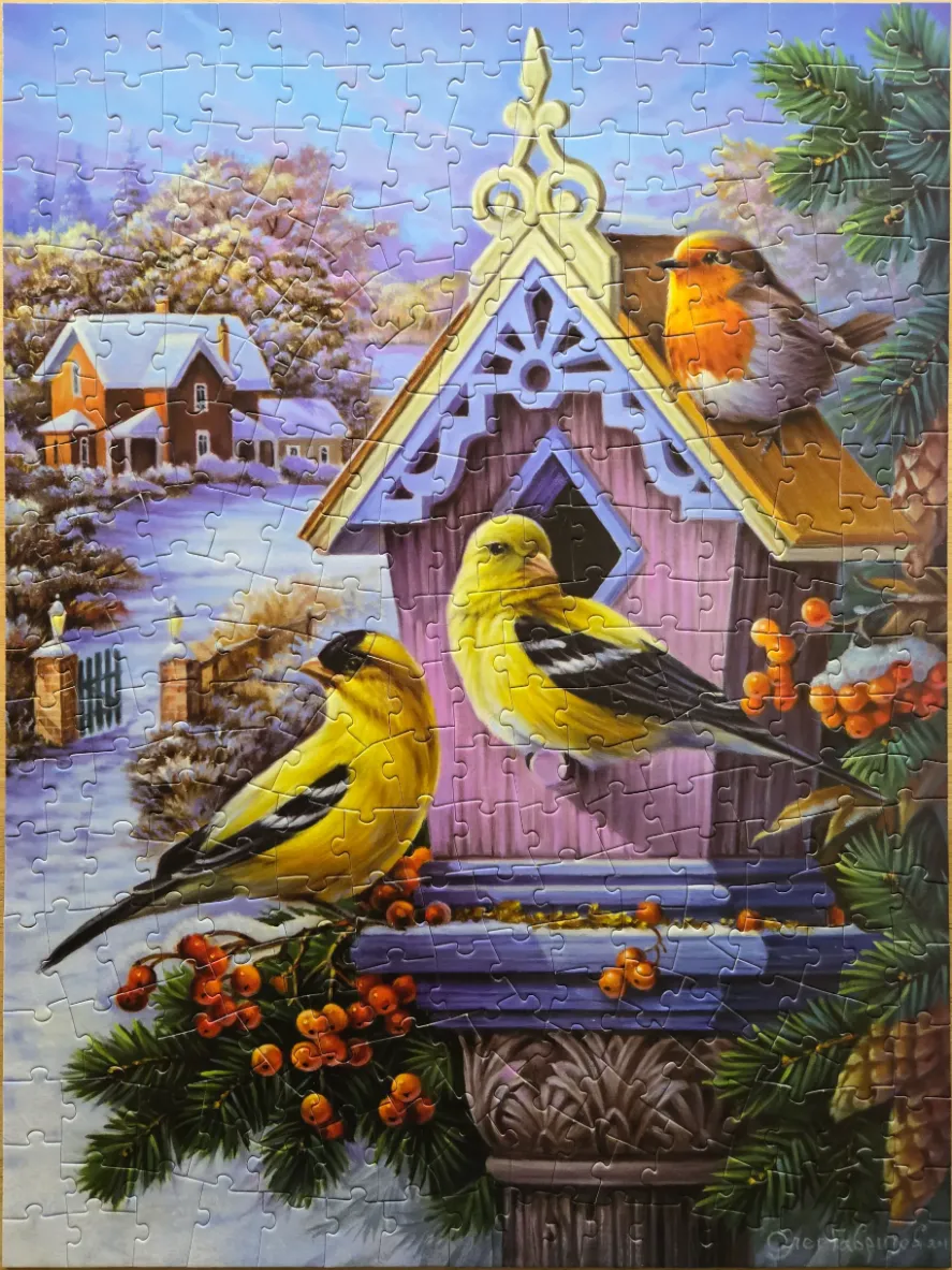 Winter scene with an ornate birdhouse, American Goldfinches, and a robin