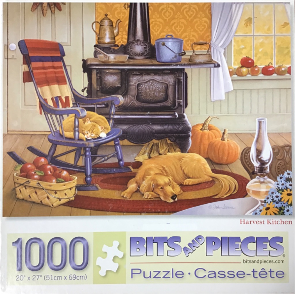 A cozy autumn kitchen scene with a sleeping dog, a cat on a rocking chair, and a cast-iron stove.