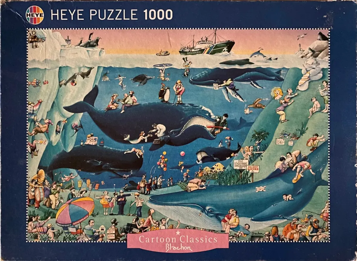 Cartoon illustration of people interacting with giant whales underwater beneath an Arctic landscape.